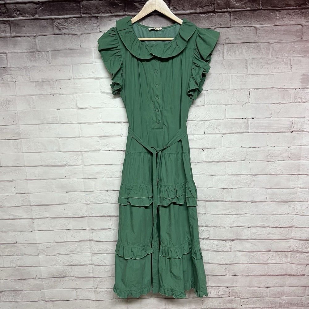 Listicle Dress Womens Large Green Ruffle Tiered Midi Cotragecore Tie Belt Lined